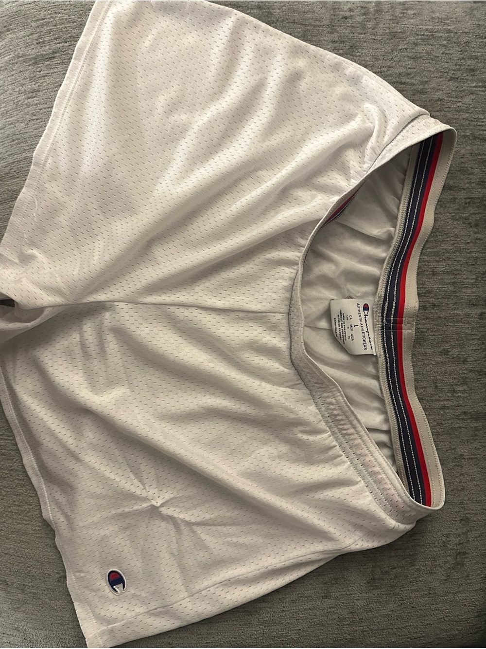 Champion White Athletic Shorts with Red & Navy Waistband